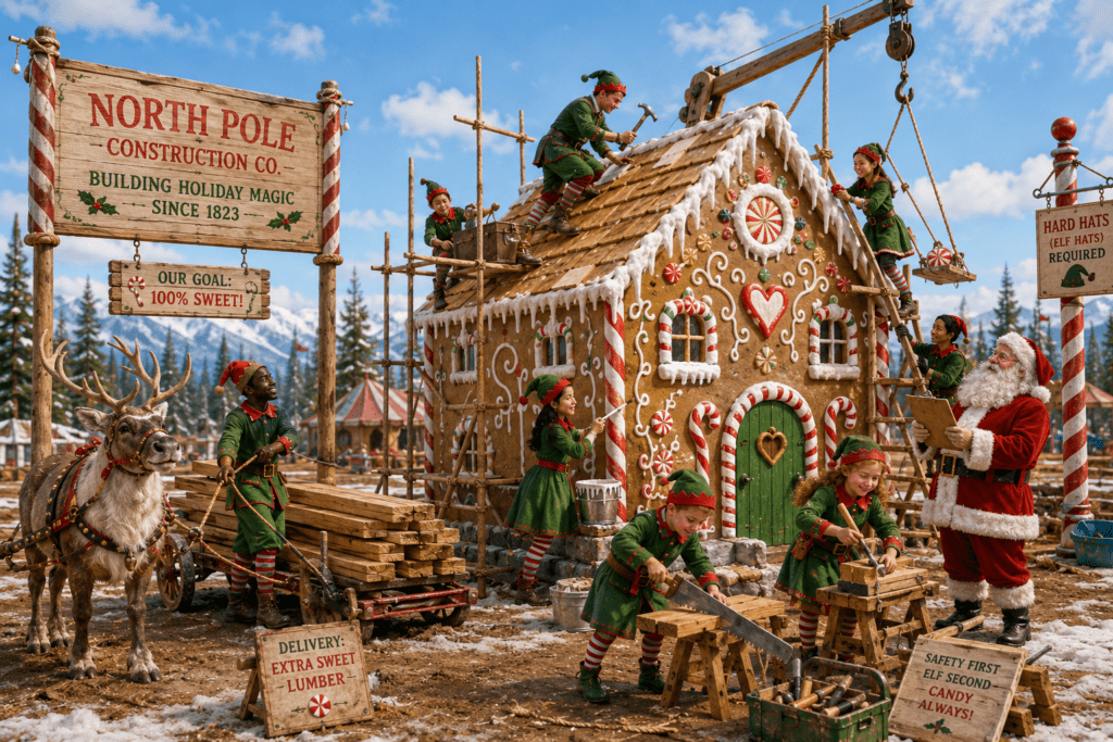 Elves building a gingerbread house under the supervision of Santa Claus